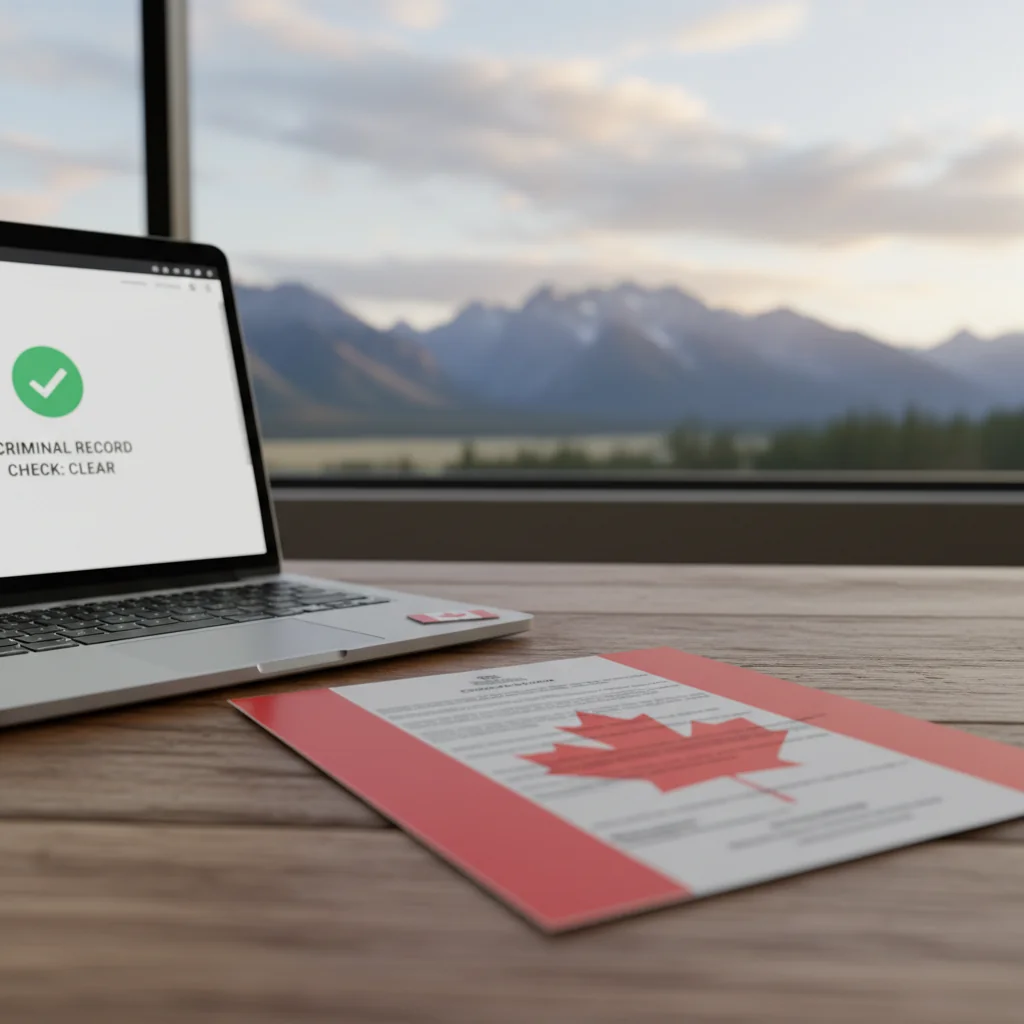 Secure Criminal Record Check in Alberta: professional workspace showing a Canadian background check document with a local scene in the background