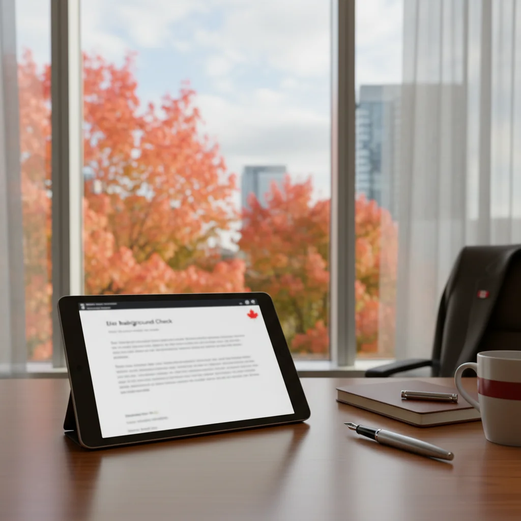 Criminal Record Check in Brampton Made Easy: professional workspace showing a Canadian background check document with a local scene in the background