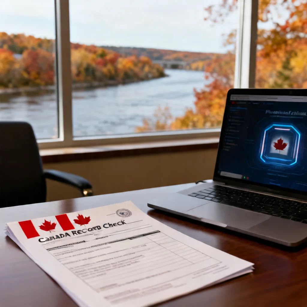 How to Obtain a Criminal Record Check in Fredericton: professional workspace showing a Canadian background check document with a local scene in the background