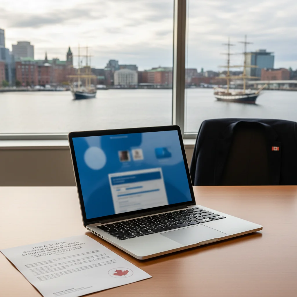Getting a Criminal Record Check in Halifax: professional workspace showing a Canadian background check document with a local scene in the background
