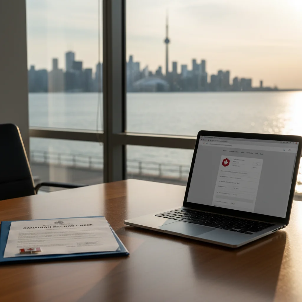 How to Obtain a Criminal Record Check in Mississauga: professional workspace showing a Canadian background check document with a local scene in the background