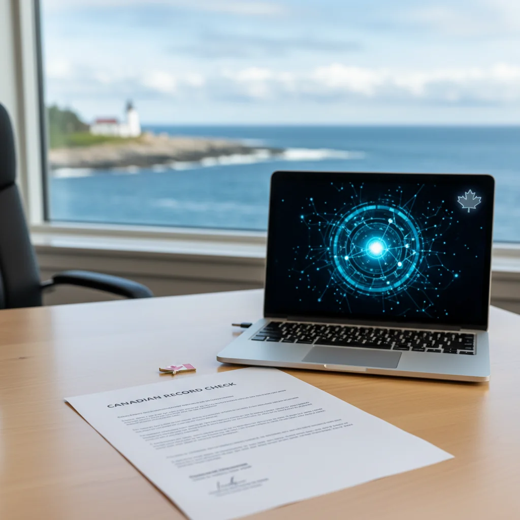 How to Obtain a Criminal Record Check in Nova Scotia: professional workspace showing a Canadian background check document with a local scene in the background