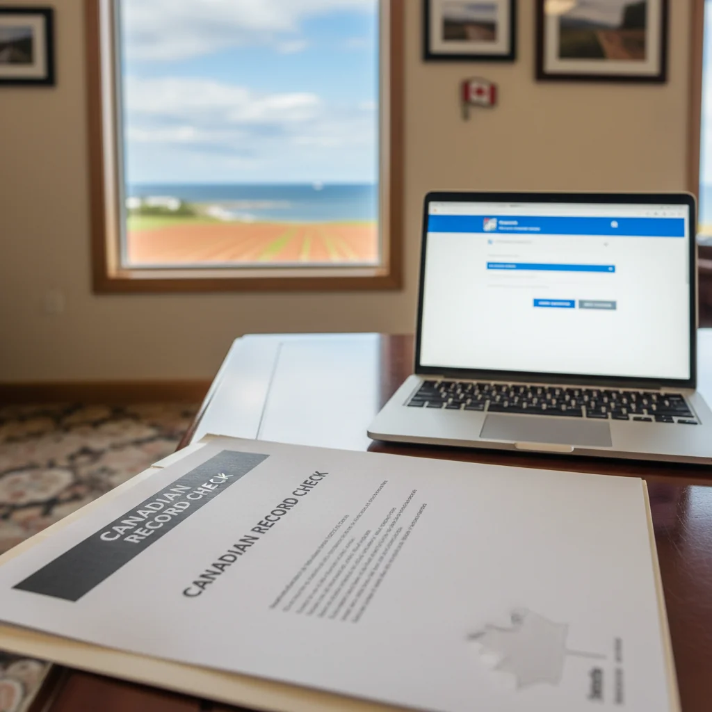 How to Get a Criminal Record Check in PEI: professional workspace showing a Canadian background check document with a local scene in the background