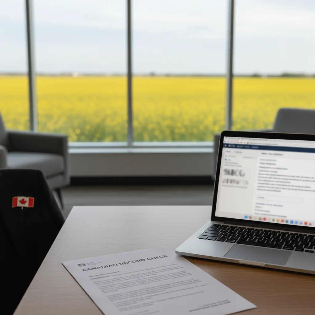 How to Obtain a Criminal Record Check in Saskatchewan: professional workspace showing a Canadian background check document with a local scene in the background