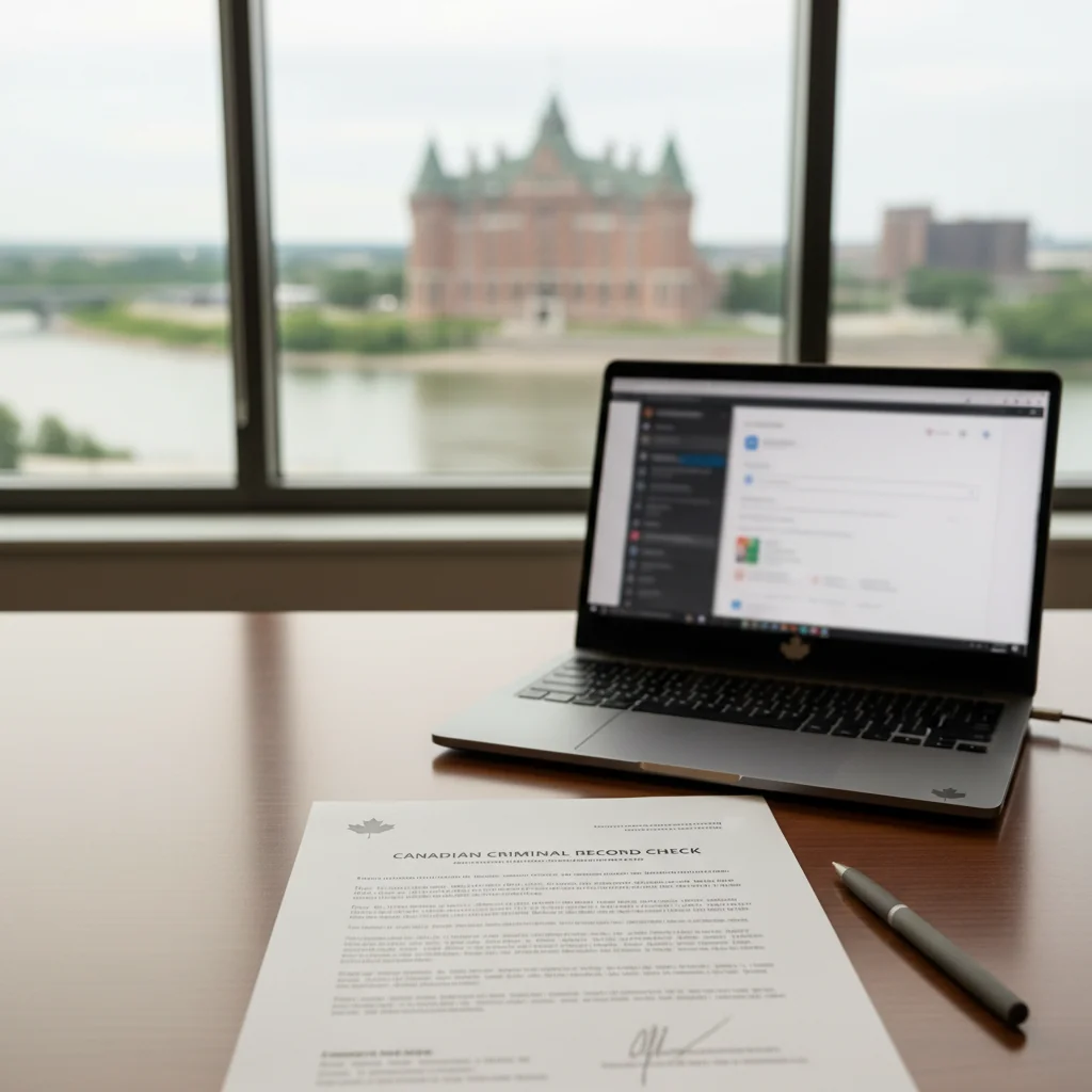 Get a Criminal Record Check in Saskatoon: professional workspace showing a Canadian background check document with a local scene in the background