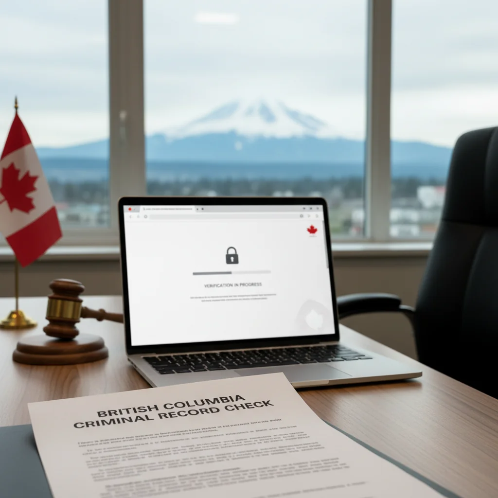 Getting a Criminal Record Check in Surrey: professional workspace showing a Canadian background check document with a local scene in the background