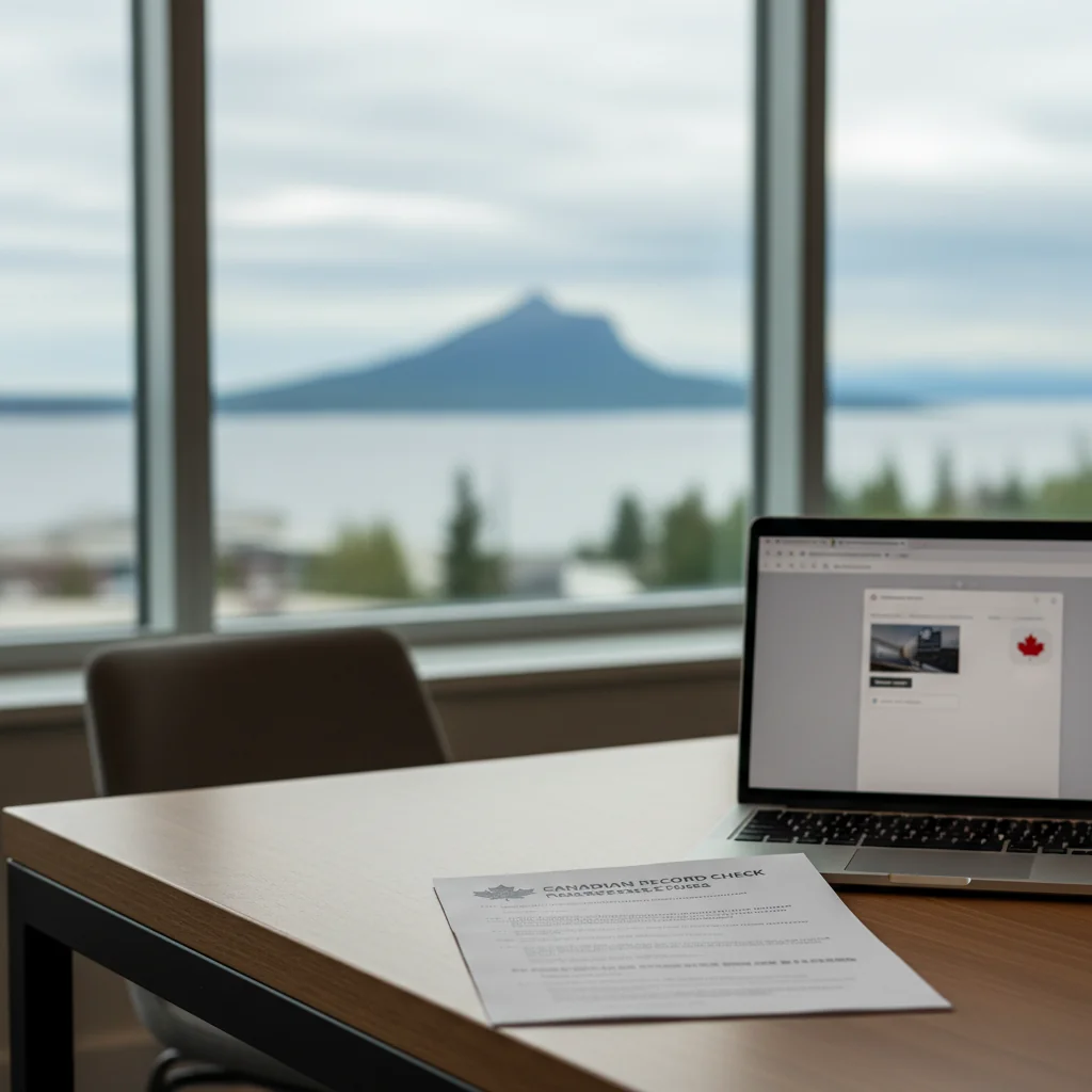 Obtaining a Safe and Secure Criminal Record Check in Thunder Bay: professional workspace showing a Canadian background check document with a local scene in the background