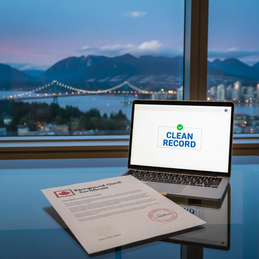 How to Obtain a VPD Criminal Record Check: professional workspace showing a Canadian background check document with a local scene in the background