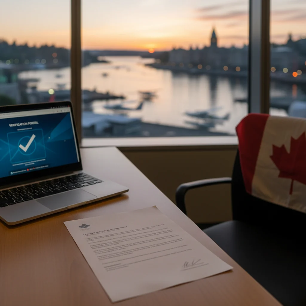 How to Get a Safe and Secure Criminal Record Check in Victoria: professional workspace showing a Canadian background check document with a local scene in the background