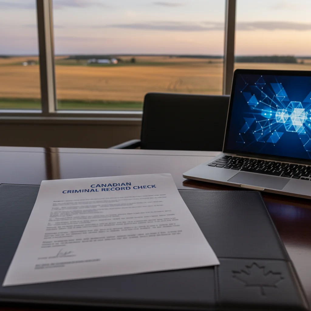 Get a Manitoba Criminal Record Check for Businesses Individuals: professional workspace showing a Canadian background check document with a local scene in the background