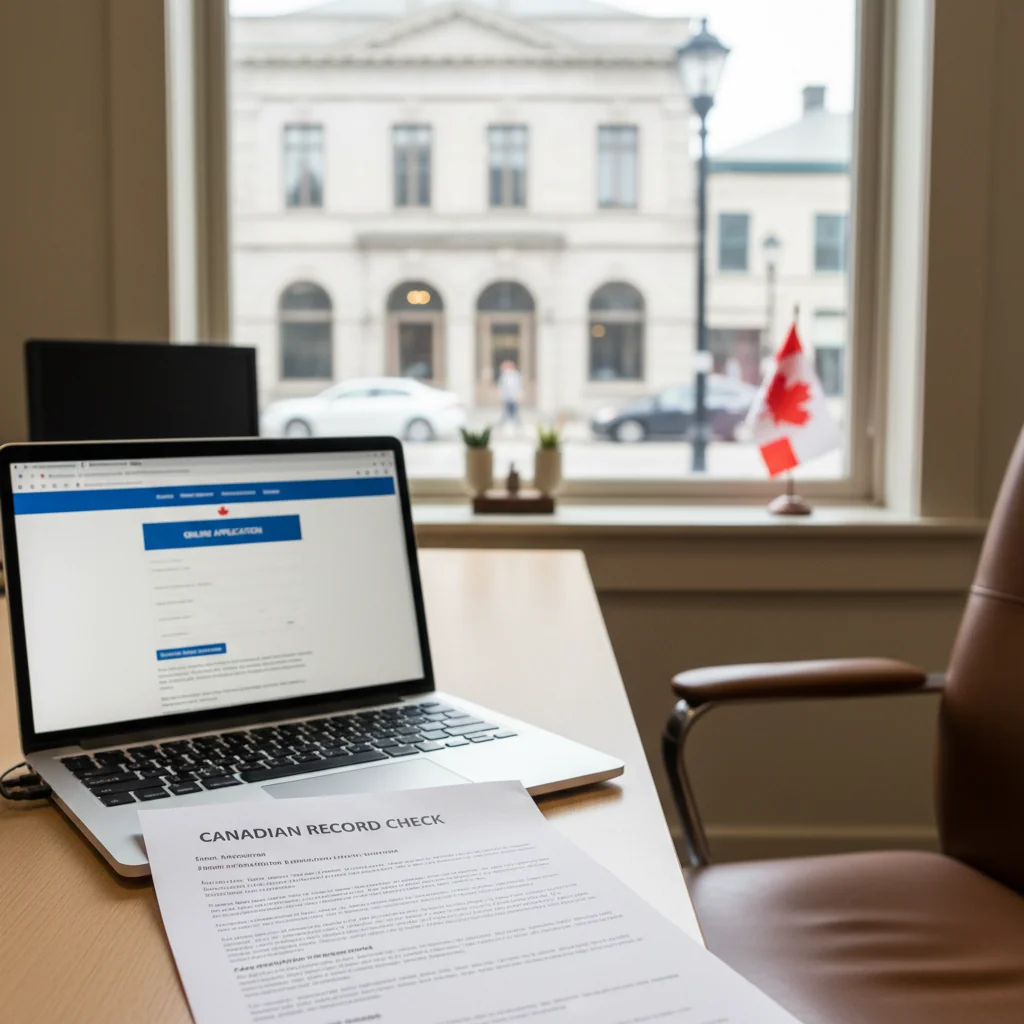 How to Get a Police Check in Cambridge: professional workspace showing a Canadian background check document with a local scene in the background