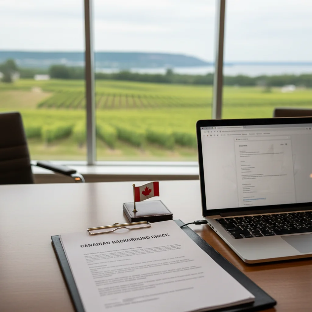 How to Apply for a Police Check in St. Catharines: professional workspace showing a Canadian background check document with a local scene in the background