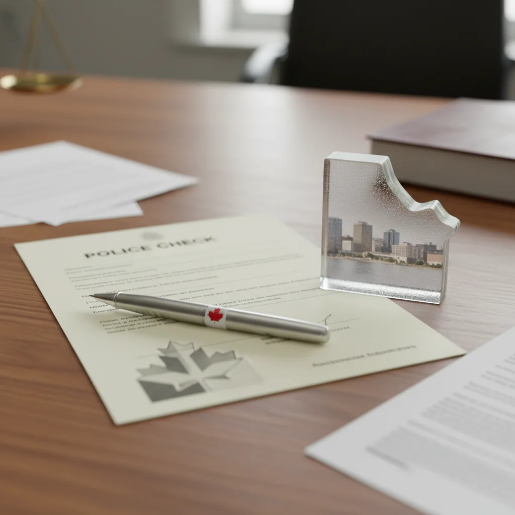 How to Obtain a Saskatoon Police Criminal Record Check: professional workspace showing a Canadian background check document with a local scene in the background