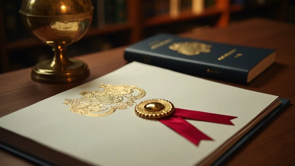 Apostilled document with seal and ribbon beside a passport